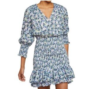 Veronica Beard Darrah Mini Dress Blue Floral Smocked Ruffle Size 8 Cotton Lined
